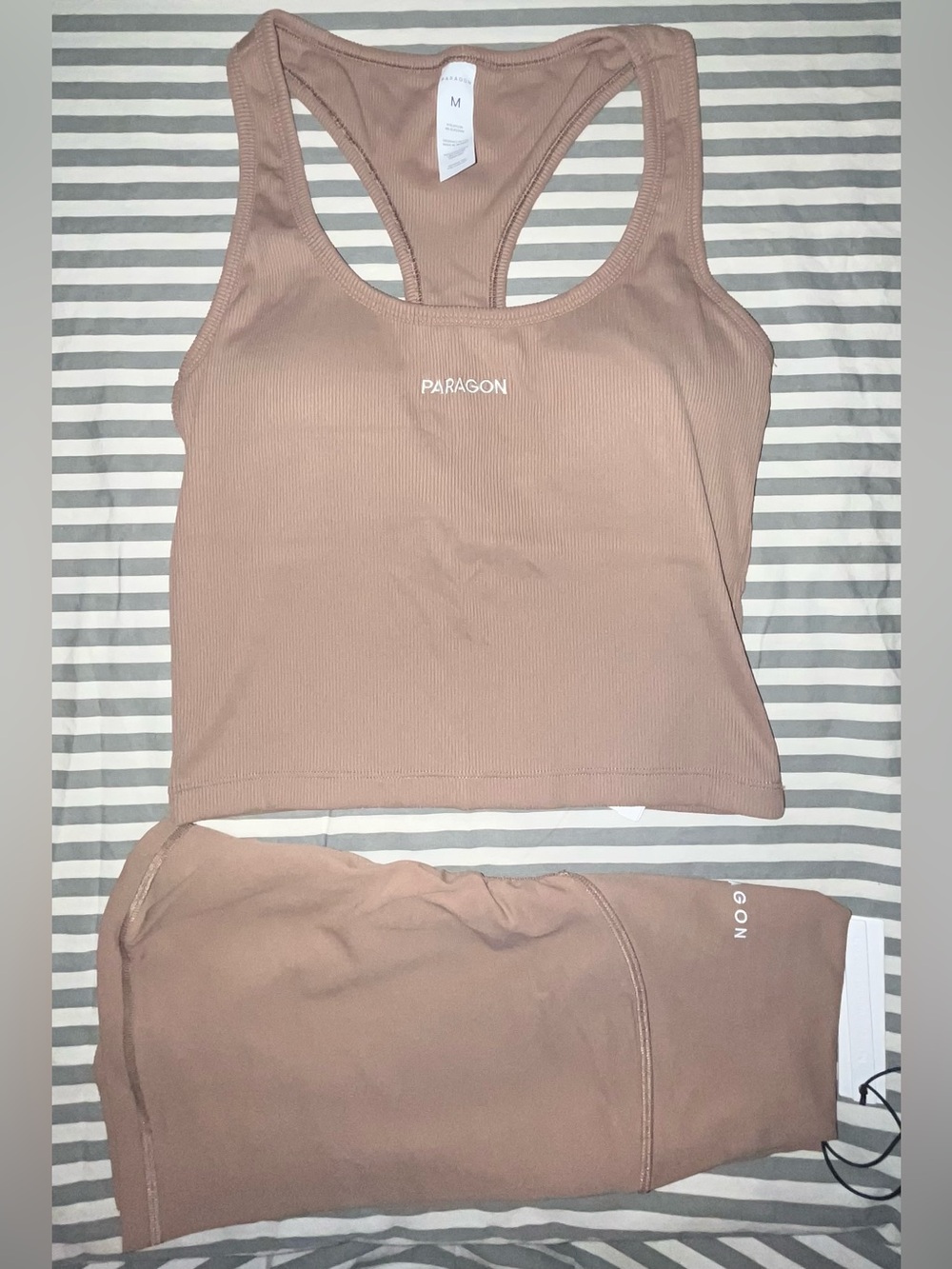 Paragon EasyRib Go-to Tank Top + RecStretch SculptSeam Plus 5” Shorts Tan Sz M